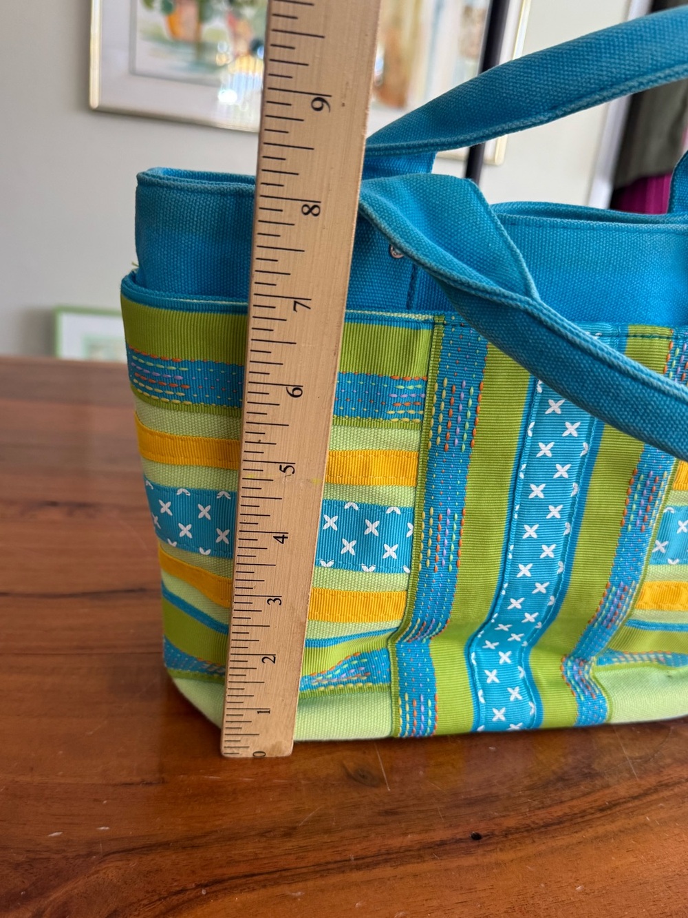 Vintage Tianni Canvas Ribbon Striped Tote Bag Blue Green Yellow Embroidered Y2K! - Picture 7 of 7